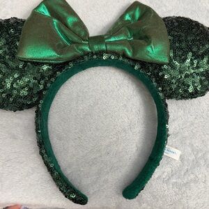 Sequin Green Minnie-Style Ear Headband with Metallic Bow